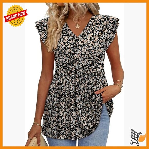Tops - Babydoll Top with Ruffle Sleeves, V-Neck, Flowy Fit for Casual Wear